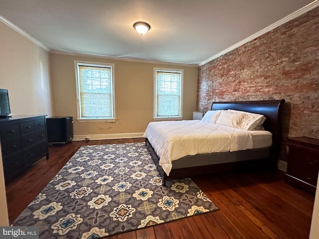 bedroom with crown molding and dark wood-type flooring