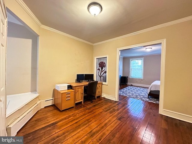 home office featuring crown molding, dark hardwood / wood-style flooring, and baseboard heating