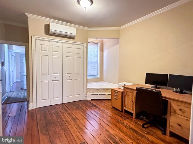 office area featuring a wall mounted air conditioner, dark hardwood / wood-style floors, crown molding, and a baseboard heating unit