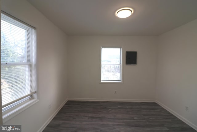 empty room featuring plenty of natural light, dark hardwood / wood-style floors, and electric panel