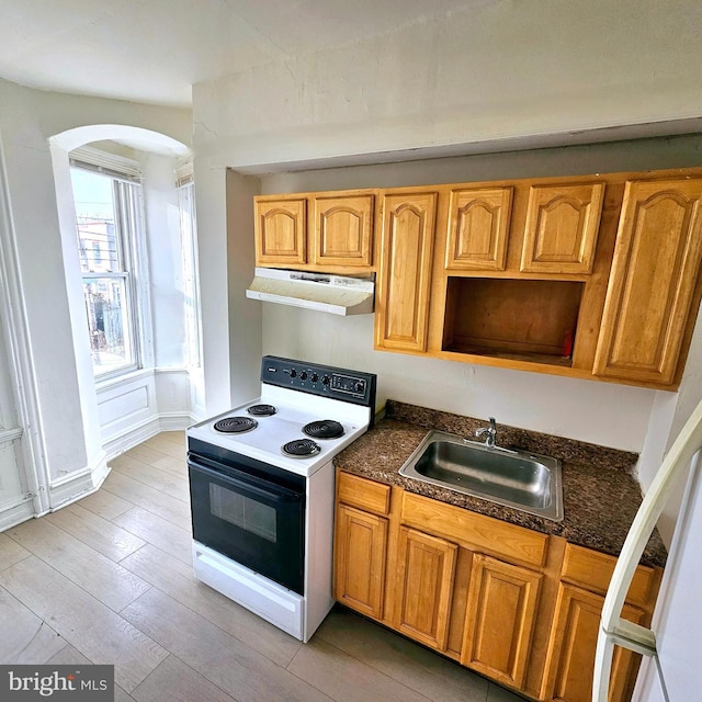 kitchen with sink, light wood-type flooring, and electric range oven