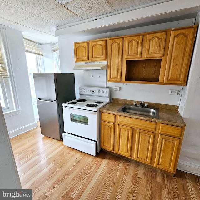 kitchen with white range with electric cooktop, stainless steel fridge, sink, and a paneled ceiling