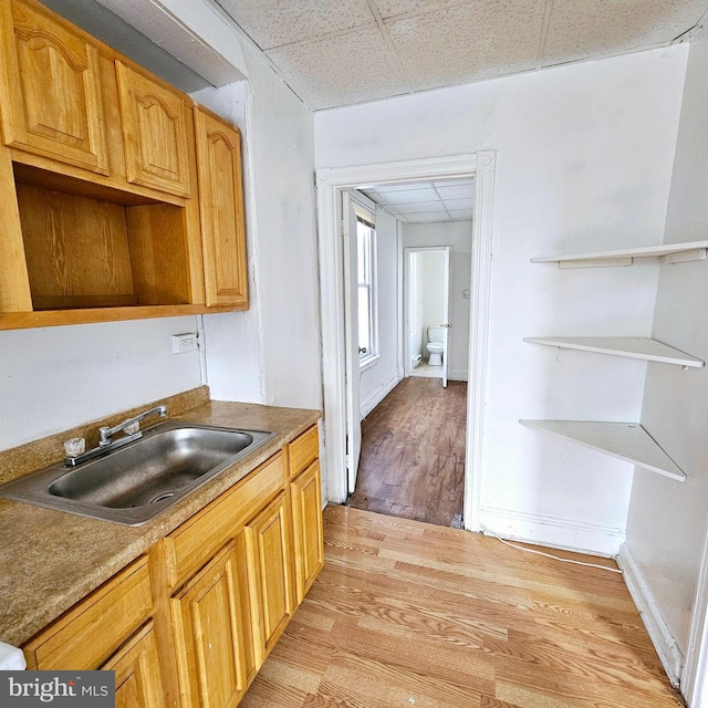 kitchen featuring a drop ceiling, light hardwood / wood-style floors, and sink