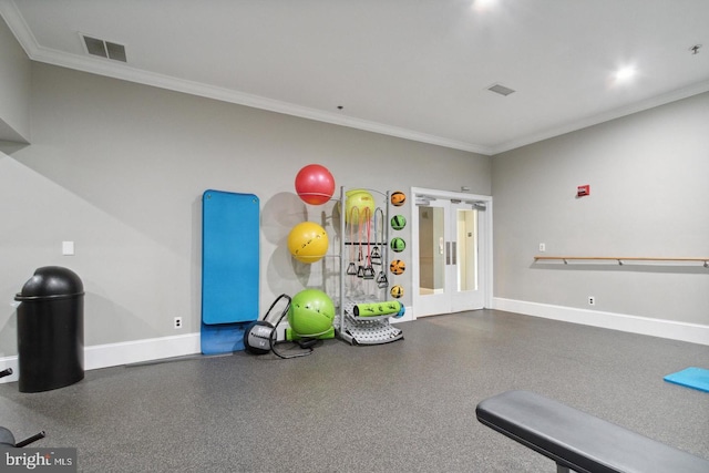 exercise room featuring crown molding and french doors