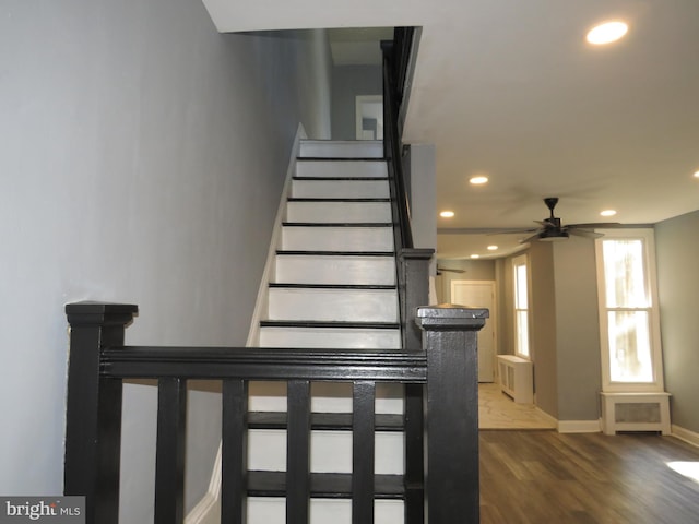 stairs featuring ceiling fan and wood-type flooring