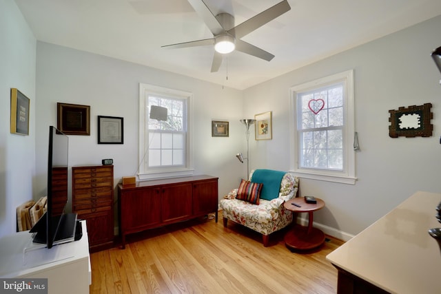 living area featuring ceiling fan and light hardwood / wood-style floors