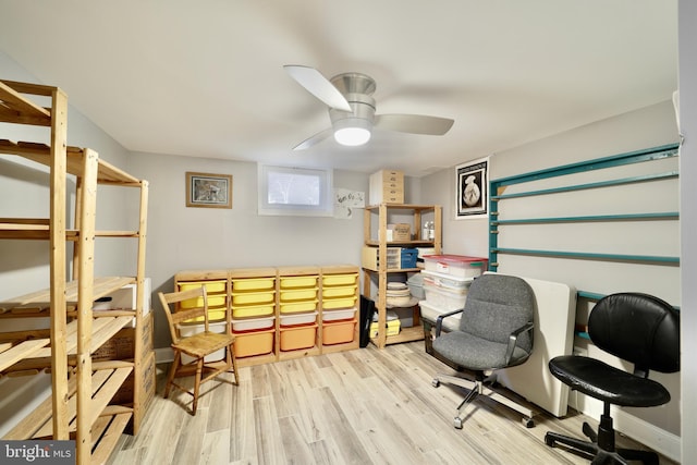 office space with ceiling fan and light hardwood / wood-style flooring