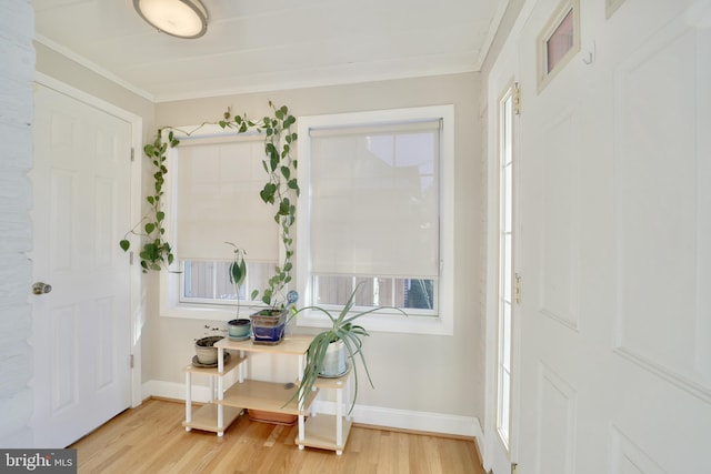 foyer entrance featuring hardwood / wood-style floors and ornamental molding