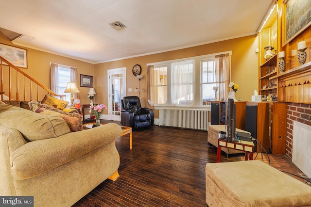 living room featuring a fireplace, dark wood-type flooring, radiator heating unit, and ornamental molding