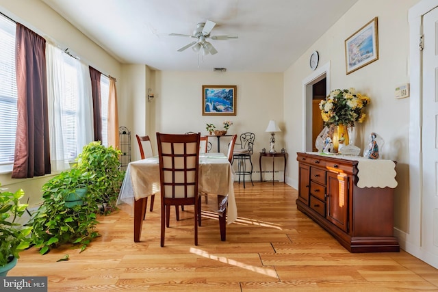 dining area featuring ceiling fan, a baseboard radiator, and light hardwood / wood-style floors