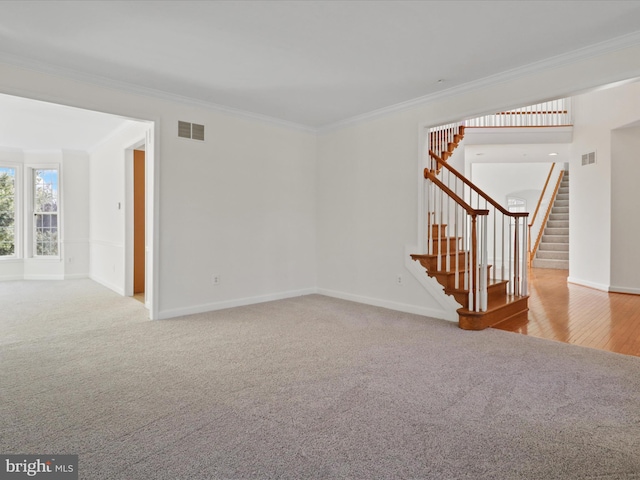 empty room featuring light colored carpet and ornamental molding