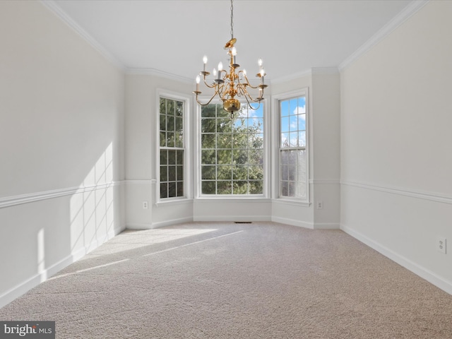 unfurnished dining area featuring carpet floors, a notable chandelier, and crown molding