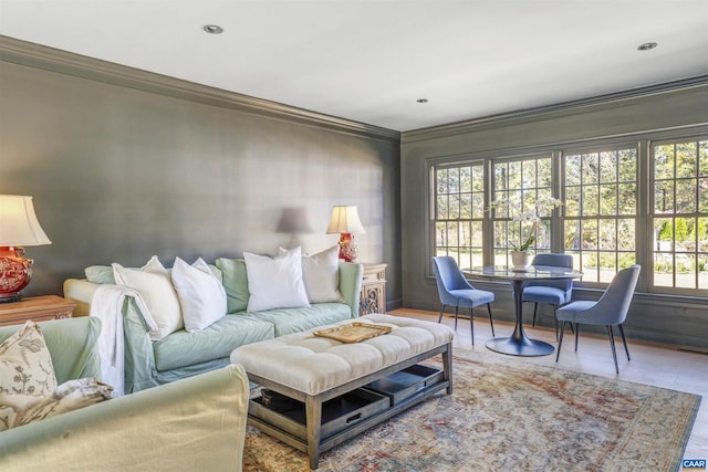 living room featuring crown molding and hardwood / wood-style flooring