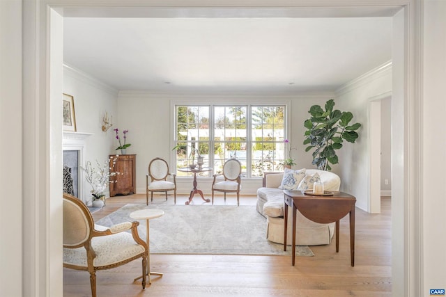 living room featuring ornamental molding and light hardwood / wood-style flooring