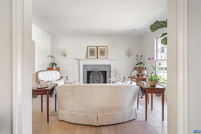 living room with light wood-type flooring and ornamental molding