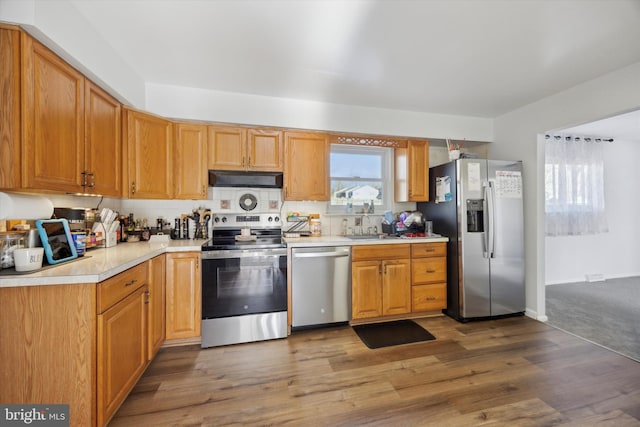 kitchen with hardwood / wood-style flooring, decorative backsplash, appliances with stainless steel finishes, ventilation hood, and sink