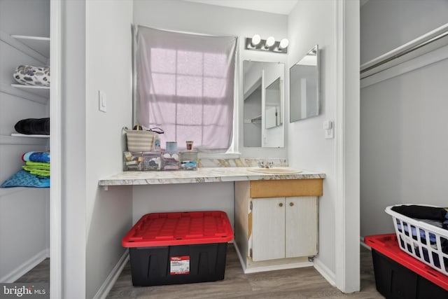 bathroom with vanity and wood-type flooring