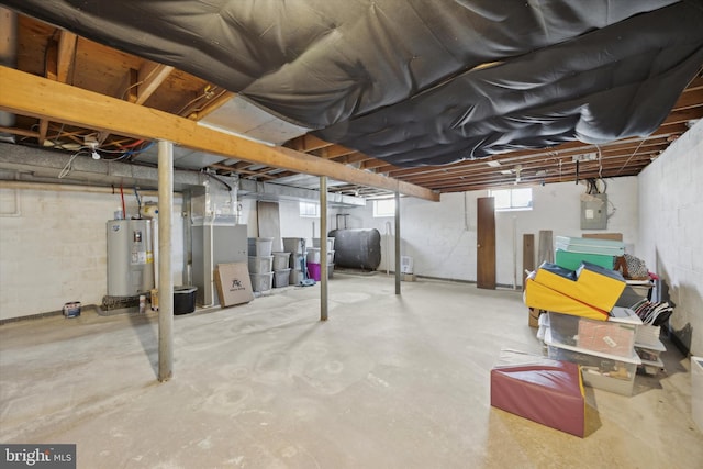 basement featuring electric panel and electric water heater