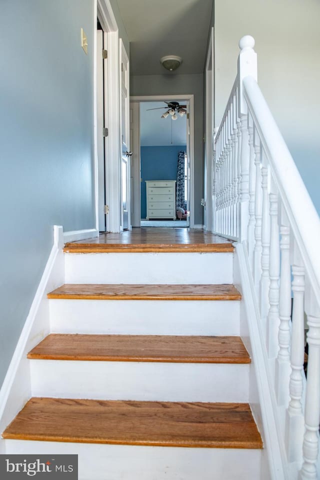 stairway with a ceiling fan