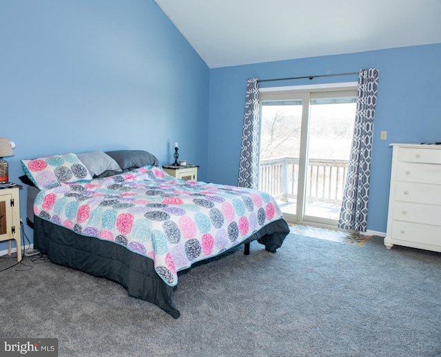 bedroom with lofted ceiling, access to outside, carpet floors, and baseboards