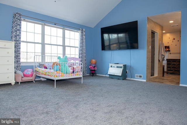 game room featuring carpet floors, lofted ceiling, visible vents, and baseboards