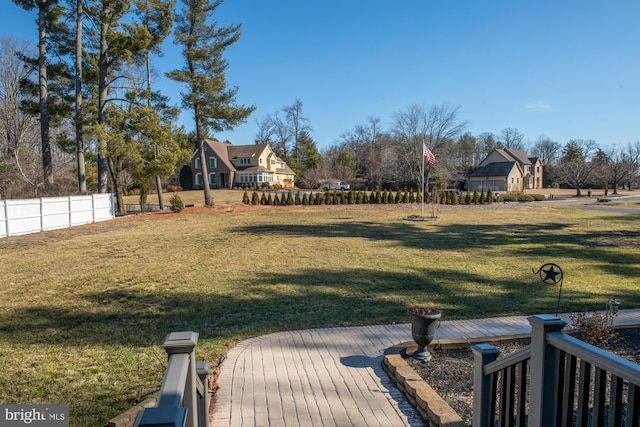 view of yard featuring a deck and fence