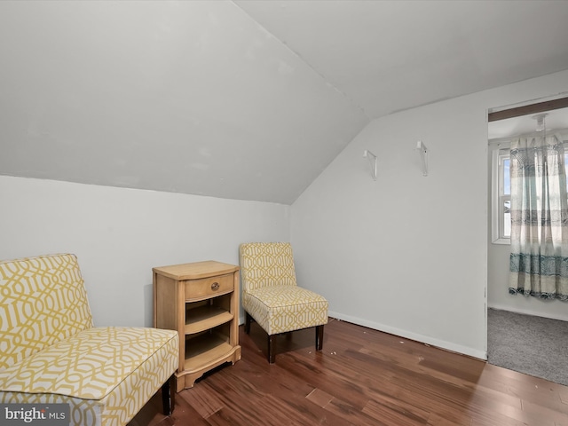 living area featuring hardwood / wood-style floors and lofted ceiling