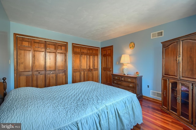 bedroom featuring wood-type flooring and two closets