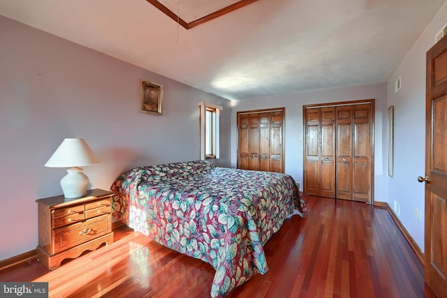 bedroom featuring dark wood-type flooring and two closets