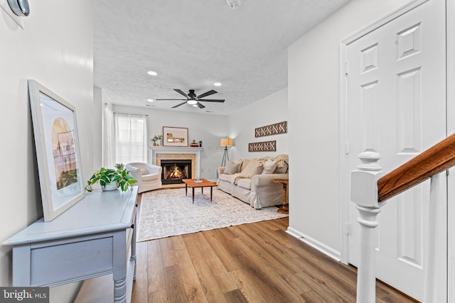 living room featuring wood-type flooring and ceiling fan