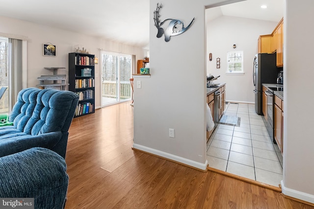 kitchen with stainless steel appliances, lofted ceiling, and light wood-type flooring