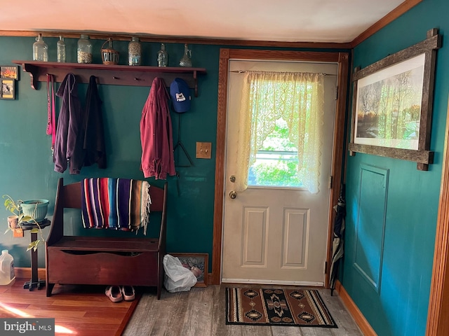 mudroom featuring hardwood / wood-style floors and crown molding