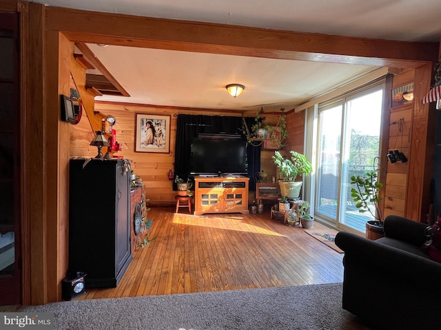 living room featuring wood walls and wood-type flooring