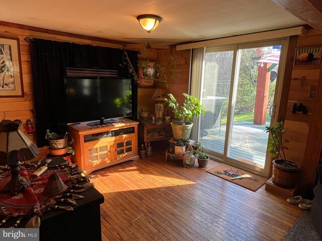 living room with wood walls and hardwood / wood-style floors