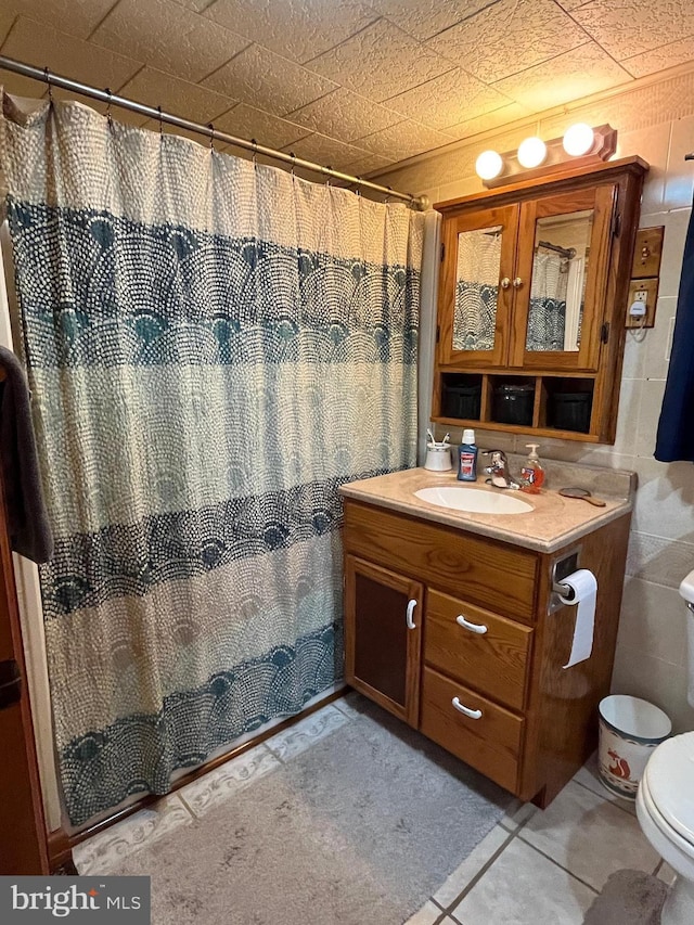 bathroom featuring toilet, vanity, and walk in shower