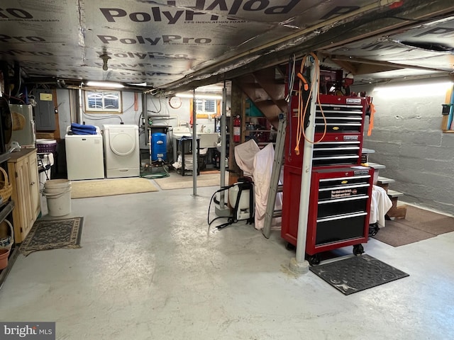 basement with electric panel and washer and clothes dryer