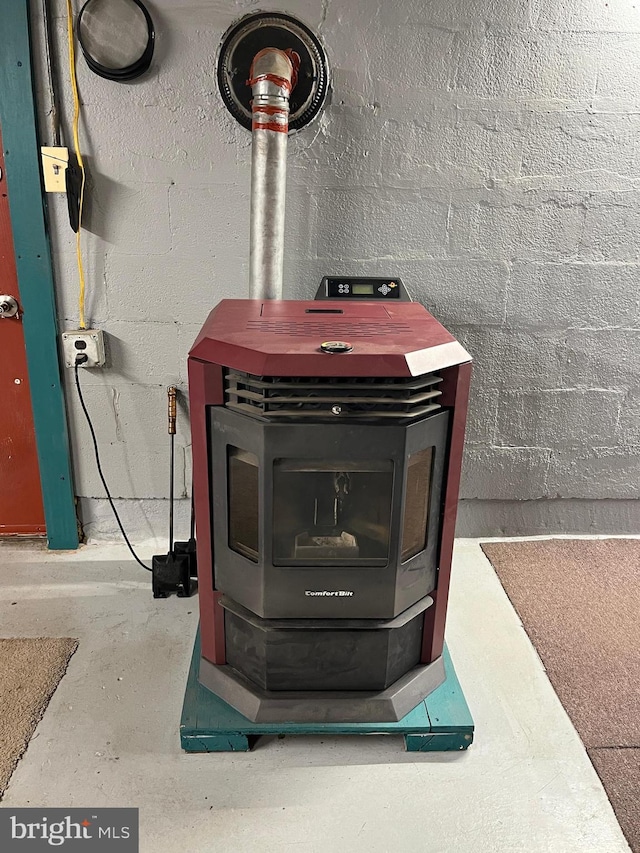 room details featuring a wood stove