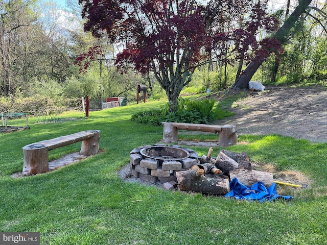 view of yard featuring a fire pit