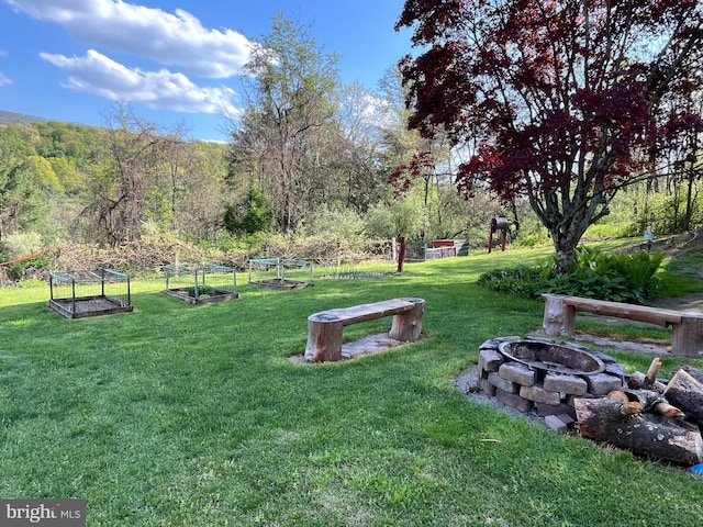 surrounding community featuring an outdoor fire pit and a yard