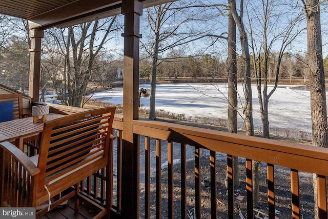 view of snow covered deck