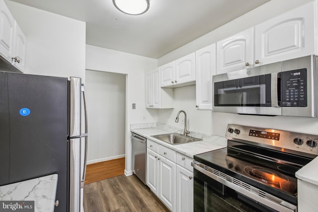 kitchen featuring dark wood-type flooring, sink, white cabinets, and stainless steel appliances