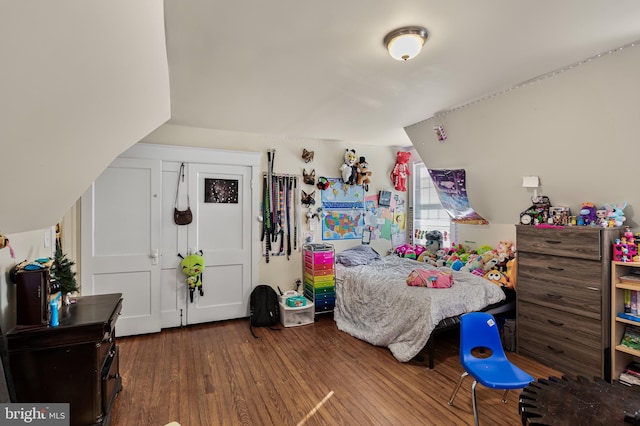 bedroom featuring lofted ceiling and wood-type flooring