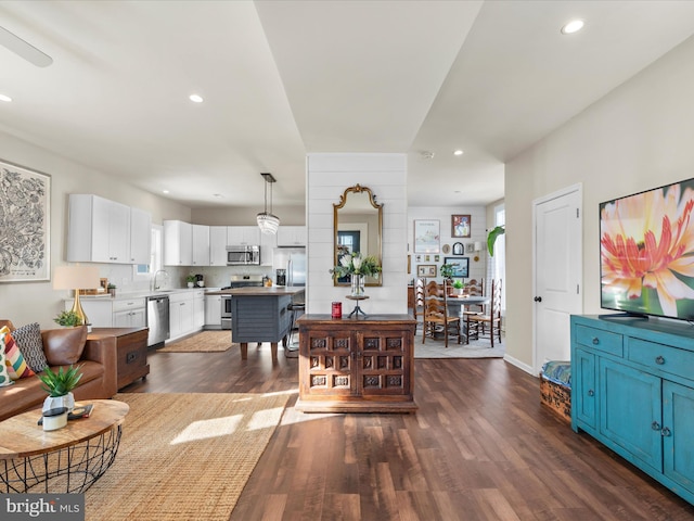 living room with a healthy amount of sunlight, dark hardwood / wood-style flooring, and sink