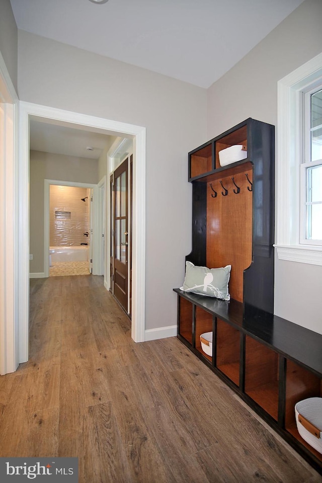 mudroom with hardwood / wood-style flooring