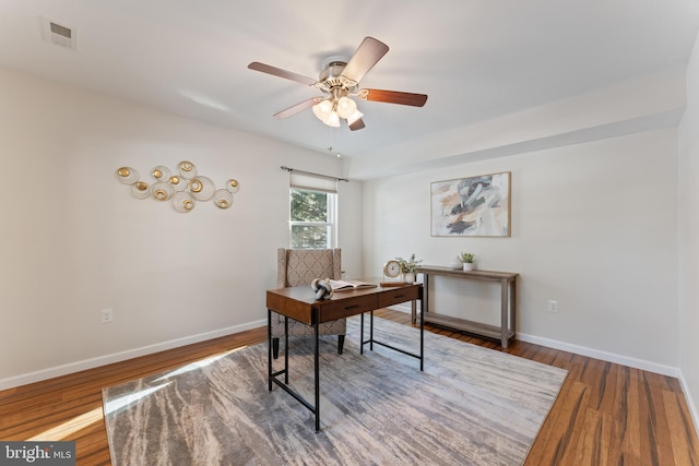 office area with hardwood / wood-style floors and ceiling fan