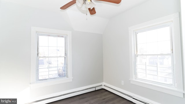 bonus room with lofted ceiling, wood-type flooring, ceiling fan, and a healthy amount of sunlight