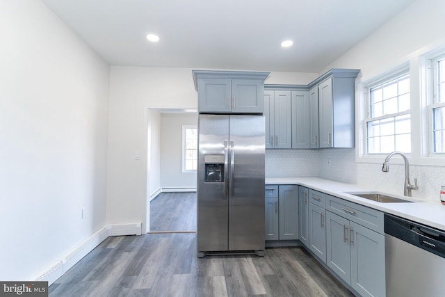 kitchen featuring sink, stainless steel appliances, dark hardwood / wood-style floors, and decorative backsplash