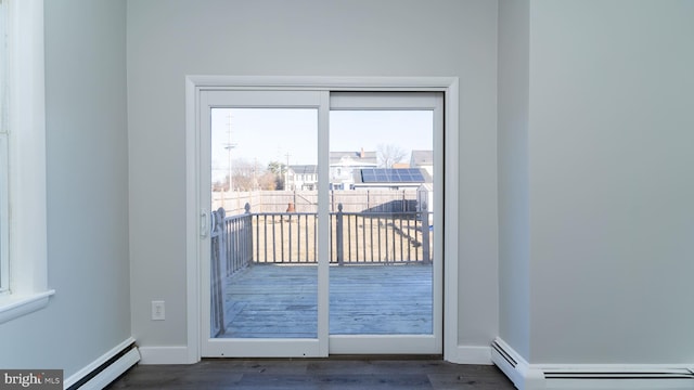 doorway to outside featuring a baseboard radiator, a healthy amount of sunlight, and dark wood-type flooring