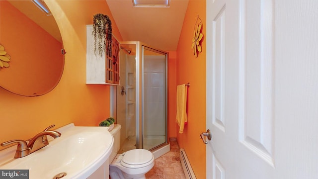 bathroom featuring vaulted ceiling, toilet, walk in shower, sink, and a baseboard radiator