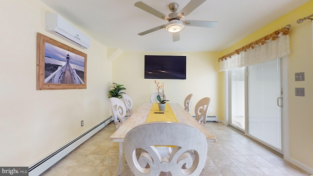 dining area with an AC wall unit, ceiling fan, and a baseboard radiator